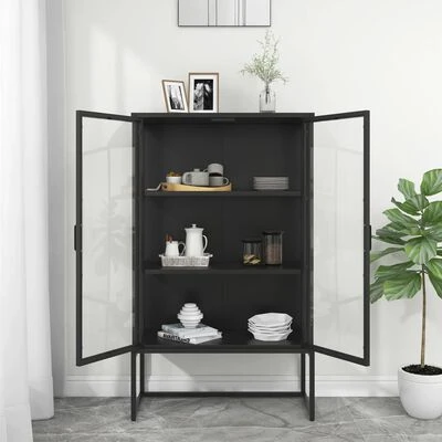 VidaXL Buffet haut Noir 80x35x135 cm Acier et verre trempé 3 VidaXL Buffet haut Noir 80x35x135 cm Acier et verre trempé – Image 3