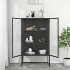 VidaXL Buffet haut Anthracite 80x35x135 cm Acier et verre trempé -Casiers Soldes Boutique image 3 335885