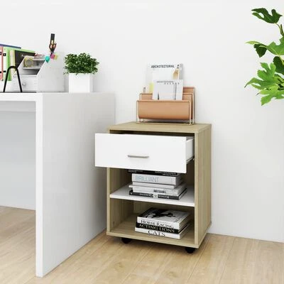 VidaXL Armoire à roulettes Blanc et chêne sonoma 46x36x59 cm Aggloméré 3 VidaXL Armoire à roulettes Blanc et chêne sonoma 46x36x59 cm Aggloméré – Image 3